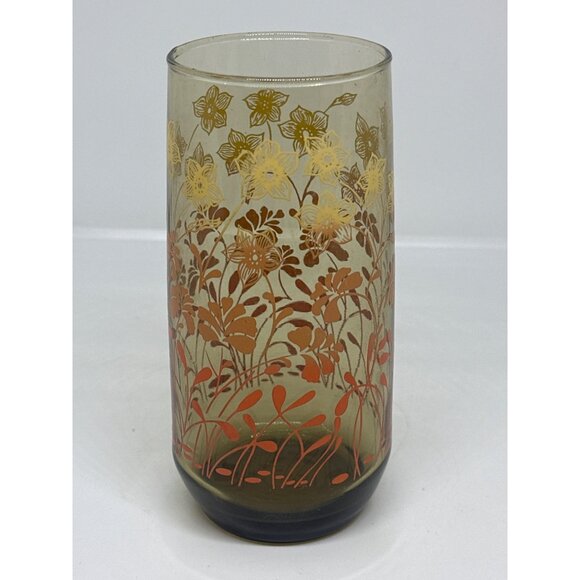 VTG 1970 Smoked Amber Floral Tumbler | MCM Flower Print Glass 6" Retro Drinkware - Picture 2 of 6